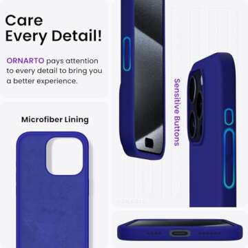 ORNARTO Compatible with iPhone 15 Pro Max Case 6.7", Slim Liquid Silicone 3 Layers Soft Gel Rubber Shockproof Protective Phone Case with Anti-Scratch Microfiber Lining-Klein Blue