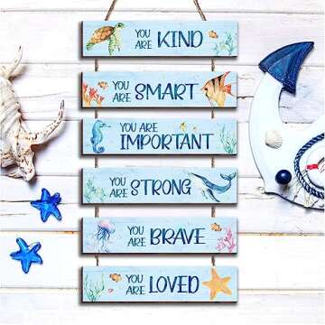 HIWERAN 6 Pieces Ocean Decor Kids Room Decor, Inspirational Watercolor Ocean Positive Quotes Wall Art Decor Hanging Plaque Sign for Teens Children Bedroom Princess Toddler Room17