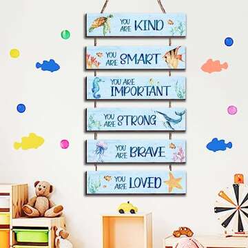 HIWERAN 6 Pieces Ocean Decor Kids Room Decor, Inspirational Watercolor Ocean Positive Quotes Wall Art Decor Hanging Plaque Sign for Teens Children Bedroom Princess Toddler Room17