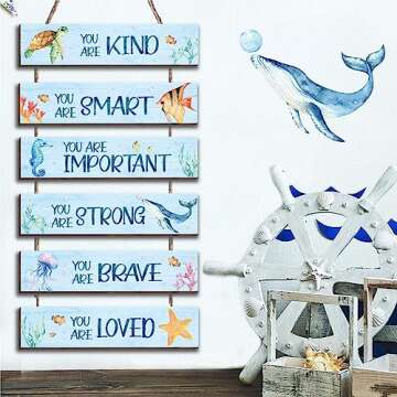 HIWERAN 6 Pieces Ocean Decor Kids Room Decor, Inspirational Watercolor Ocean Positive Quotes Wall Art Decor Hanging Plaque Sign for Teens Children Bedroom Princess Toddler Room17