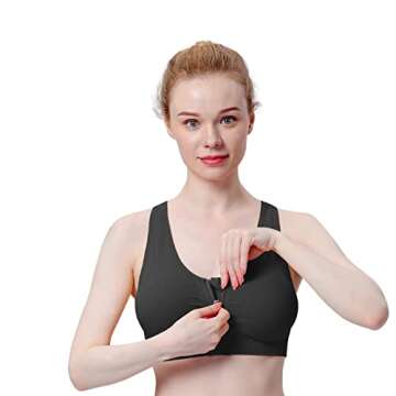 Women's Zip Front Sports Bra - Comfortable and Stylish Post-Surgery Activewear - 2 Pack (Black + Gre...