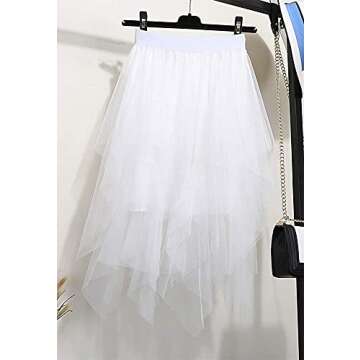 LBKKC Women's Tulle Skirt Formal High Low Asymmetrical Midi Length Elastic Waist Layered Puffy Fairy Skirts Off White