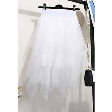 LBKKC Women's Tulle Skirt Formal High Low Asymmetrical Midi Length Elastic Waist Layered Puffy Fairy Skirts Off White