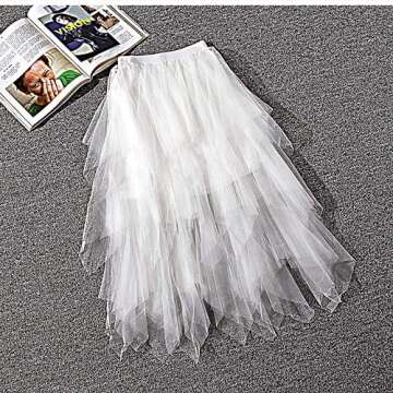 LBKKC Women's Tulle Skirt Formal High Low Asymmetrical Midi Length Elastic Waist Layered Puffy Fairy Skirts Off White