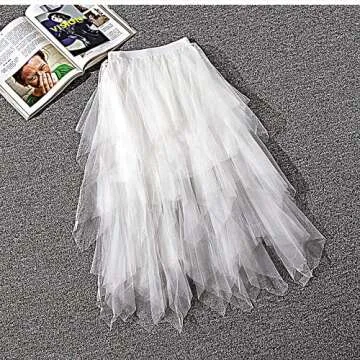 LBKKC Women's Tulle Skirt Formal High Low Asymmetrical Midi Length Elastic Waist Layered Puffy Fairy Skirts Off White