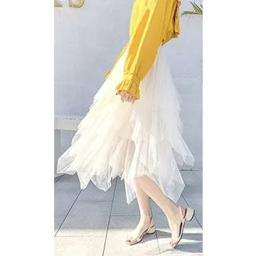 LBKKC Women's Tulle Skirt Formal High Low Asymmetrical Midi Length Elastic Waist Layered Puffy Fairy Skirts Off White