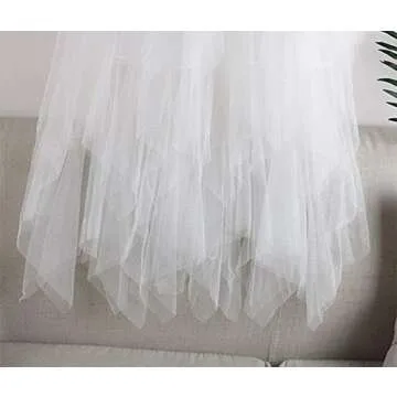 LBKKC Women's Tulle Skirt Formal High Low Asymmetrical Midi Length Elastic Waist Layered Puffy Fairy Skirts Off White