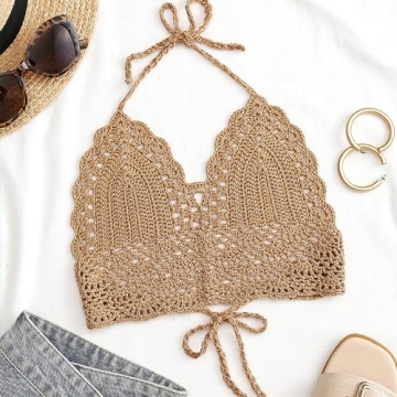 Shop wonuu Women Summer Crochet Top Bralette in Khaki