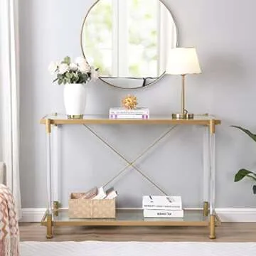 Modern Gold Glass Console Table, Narrow Sofa Table Entryway Glass Table with 2-Tier Storage Shelves ...