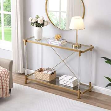 Modern Gold Glass Console Table, Narrow Sofa Table Entryway Glass Table with 2-Tier Storage Shelves for Hallway Small Space and Living Room