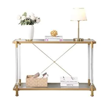 Modern Gold Glass Console Table, Narrow Sofa Table Entryway Glass Table with 2-Tier Storage Shelves for Hallway Small Space and Living Room