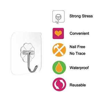 BODINGTAI Wall Hooks, Self Adhesive Hooks, Clear Plastic Reusable Heavy Duty Hook No Trace No Scratch Waterproof and Oilproof for Kitchen Bathroom Storage Room Office. (Clear 10 Pack)
