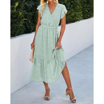 BTFBM Women Summer Bohemian Floral Casual Wrap V Neck Ruffle Cap Sleeveless Belt A-Line Pleated Hem Swing Midi Sun Dress (Light Green, Medium)