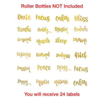 Vinyl Essential Oil Labels Fits 10ml Roller Bottles, 24 Oil Bottle Labels, The Perfect Essential Oil Accessories and Stickers That are Oil Proof and Waterproof (Gold)