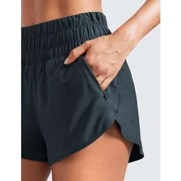 CRZ YOGA High Waisted Dolphin Running Shorts for Womens Mesh Liner for Gym Workout Athletic with Zipper Pocket True Navy Medium