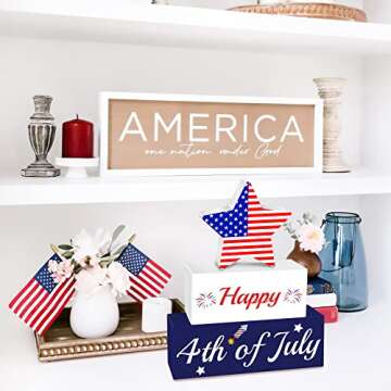 4th of July Patriotic Decorations, 3Pcs Wooden Signs, Fourth of July Red White and Blue Decorations,...