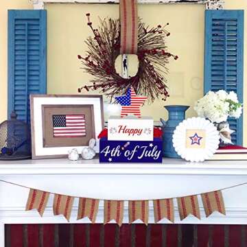 4th of July Patriotic Decorations, 3Pcs Wooden Signs, Fourth of July Red White and Blue Decorations, Memorial Day Independence Day July 4th Decor for Home Tiered Tray Decor