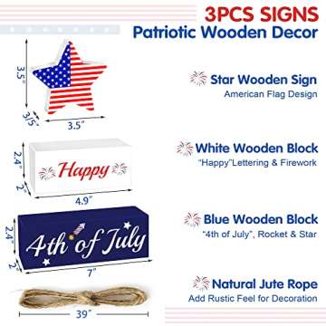 4th of July Patriotic Decorations, 3Pcs Wooden Signs, Fourth of July Red White and Blue Decorations, Memorial Day Independence Day July 4th Decor for Home Tiered Tray Decor