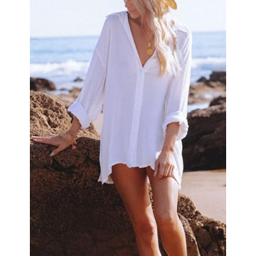 LYHNMW Women Beach Cover Up Roll up Long Sleeve Button Down Shirts Bathing Suit Cover up Beachwear Swimsuit Covers White