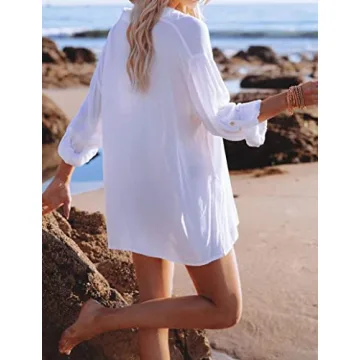 LYHNMW Women Beach Cover Up Roll up Long Sleeve Button Down Shirts Bathing Suit Cover up Beachwear Swimsuit Covers White