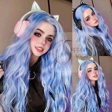 SAPPHIREWIGS Blue Wavy 13×4 Lace Front Wig Long Hair Ice Blue Wigs for Women Heat Resistant Hair Da...