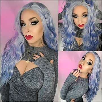 SAPPHIREWIGS Blue Wavy 13×4 Lace Front Wig Long Hair Ice Blue Wigs for Women Heat Resistant Hair Daily Use Cosplay Party Halloween Wig 24inch