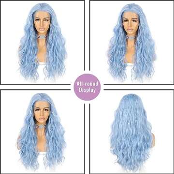 SAPPHIREWIGS Blue Wavy 13×4 Lace Front Wig Long Hair Ice Blue Wigs for Women Heat Resistant Hair Daily Use Cosplay Party Halloween Wig 24inch