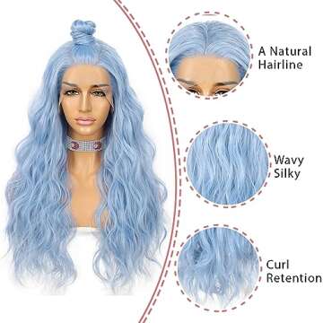 SAPPHIREWIGS Blue Wavy 13×4 Lace Front Wig Long Hair Ice Blue Wigs for Women Heat Resistant Hair Daily Use Cosplay Party Halloween Wig 24inch