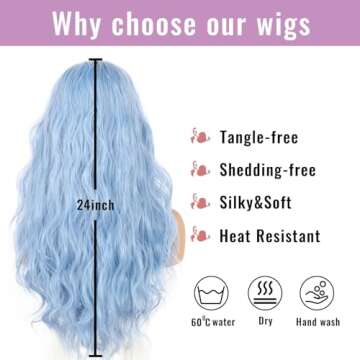 SAPPHIREWIGS Blue Wavy 13×4 Lace Front Wig Long Hair Ice Blue Wigs for Women Heat Resistant Hair Daily Use Cosplay Party Halloween Wig 24inch