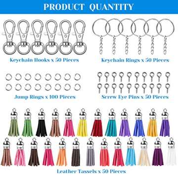 Keychain Tassles, Cridoz 300pcs Bulk Keychains Ring Set Includes 50pcs Tassels for Crafts, 50pcs Key...