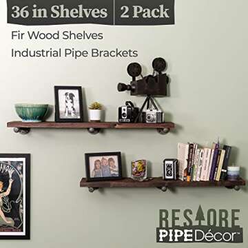 Industrial Pipe Wooden Shelves Restore by Pipe DÉCOR Premium Douglas Fir Wood Shelving 36 Inch Length Set of 2 Boards and 6 Straight Brackets Trail Brown Finish