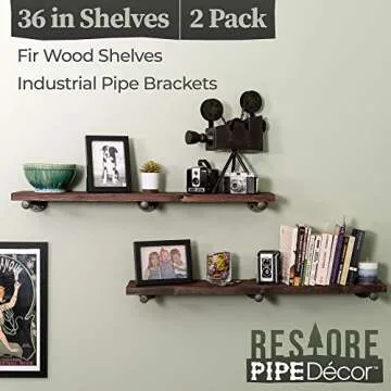 Industrial Pipe Wooden Shelves Restore by Pipe DÉCOR Premium Douglas Fir Wood Shelving 36 Inch Length Set of 2 Boards and 6 Straight Brackets Trail Brown Finish