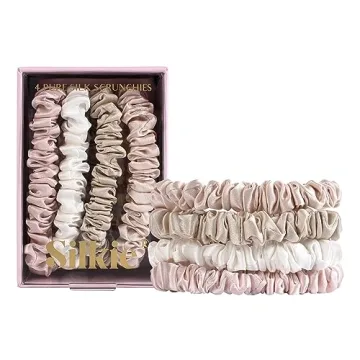 SILKIE x4 Set 100% Pure Mulberry Silk Pink Nude Neutral Skinny Scrunchies Travel Pouch Everyday Hair...