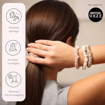 SILKIE x4 Set 100% Pure Mulberry Silk Pink Nude Neutral Skinny Scrunchies Travel Pouch Everyday Hair Ties Elastics Hair Care Ponytail Holder No Damage (Nudes)