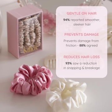 SILKIE x4 Set 100% Pure Mulberry Silk Pink Nude Neutral Skinny Scrunchies Travel Pouch Everyday Hair Ties Elastics Hair Care Ponytail Holder No Damage (Nudes)