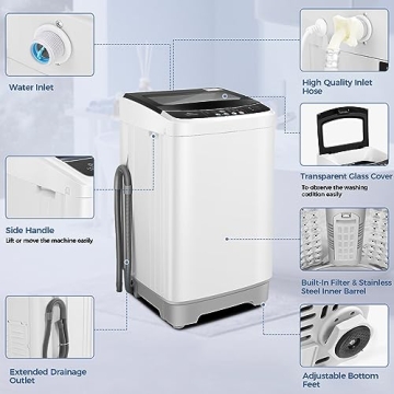 Nictemaw Portable Washing Machine 17.8Lbs Capacity 2.4 Cu.ft Portable Washer Machine with 10 Programs 8 Water Levels Mini Washing Machine for Apartments Dorms Rvs-Glass Cover