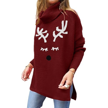 Imily Bela Ugly Christmas Sweater for Women Oversized Turtleneck Long Batwing Sleeve Knitted Cozy Pullover Sweaters Red