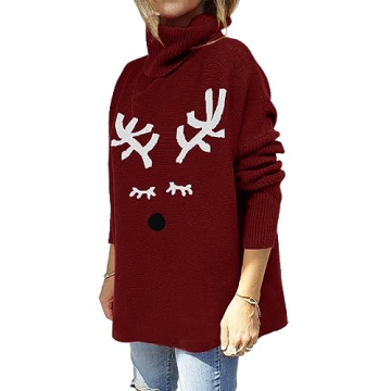 Imily Bela Ugly Christmas Sweater for Women Oversized Turtleneck Long Batwing Sleeve Knitted Cozy Pullover Sweaters Red