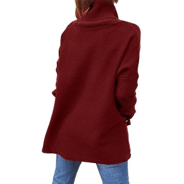 Imily Bela Ugly Christmas Sweater for Women Oversized Turtleneck Long Batwing Sleeve Knitted Cozy Pullover Sweaters Red