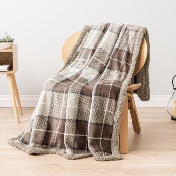 PAVILIA Taupe Plaid Sherpa Throw Blanket for Couch, Plush Flannel Fleece Blanket and Throws, Soft Fu...