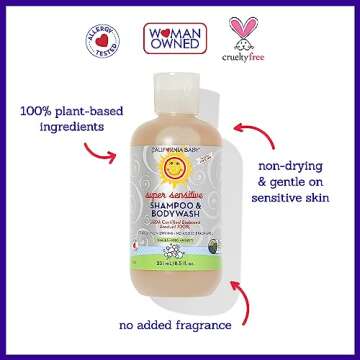 California Baby Super Sensitive Baby Shampoo and Body Wash | 100% Plant-Based | Gentle Fragrance Free Shampoo | Hypoallergenic | 251 mL / 8.5 oz