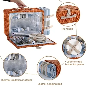 Elegant Wicker Picnic Basket Set for 4 with Blanket