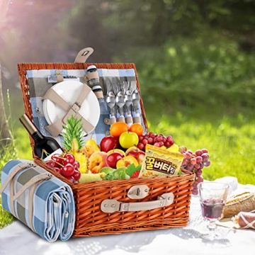 Elegant Wicker Picnic Basket Set for 4 with Blanket