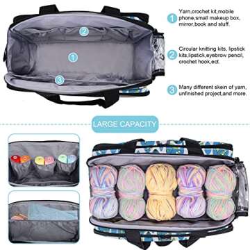 Crochet Bag Yarn Storage Tote Knitting Bag with Knitting Needles Bag Crochet Yarn Organizer Crochet Accessories and Supplies Crochet Bags Protect Wool and Prevent Tangling Blue Leaves