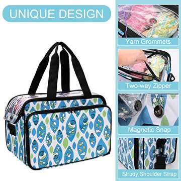 Crochet Bag Yarn Storage Tote Knitting Bag with Knitting Needles Bag Crochet Yarn Organizer Crochet Accessories and Supplies Crochet Bags Protect Wool and Prevent Tangling Blue Leaves