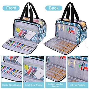 Crochet Bag Yarn Storage Tote Knitting Bag with Knitting Needles Bag Crochet Yarn Organizer Crochet Accessories and Supplies Crochet Bags Protect Wool and Prevent Tangling Blue Leaves