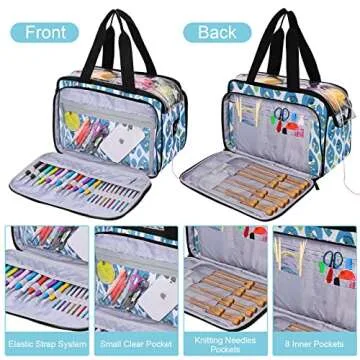 Crochet Bag Yarn Storage Tote Knitting Bag with Knitting Needles Bag Crochet Yarn Organizer Crochet Accessories and Supplies Crochet Bags Protect Wool and Prevent Tangling Blue Leaves