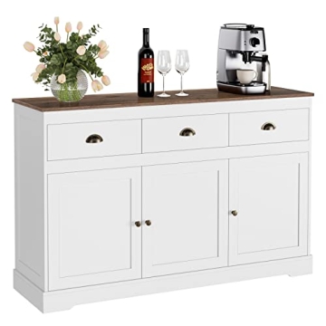 Keyluv White Buffet Cabinet Storage Sideboard Farmhouse Server Bar Wine Cabinet with 3 Drawers & 3 D...