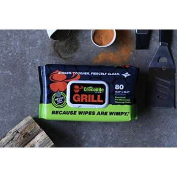 Crocodile Cloth Grill - 80 (15" x 10") Biodegradable Cleaning Wipes. Safe on Skin & Multiple Surfaces. Infused with Aloe & Vitamin E. Large, Pre-Moistened & Absorbent.