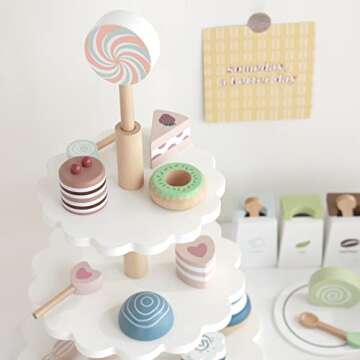 nunukids Wooden Tea Party Set for Little Girls Fake Food for Kids Kitchen 22pcs Cake Shop Toy